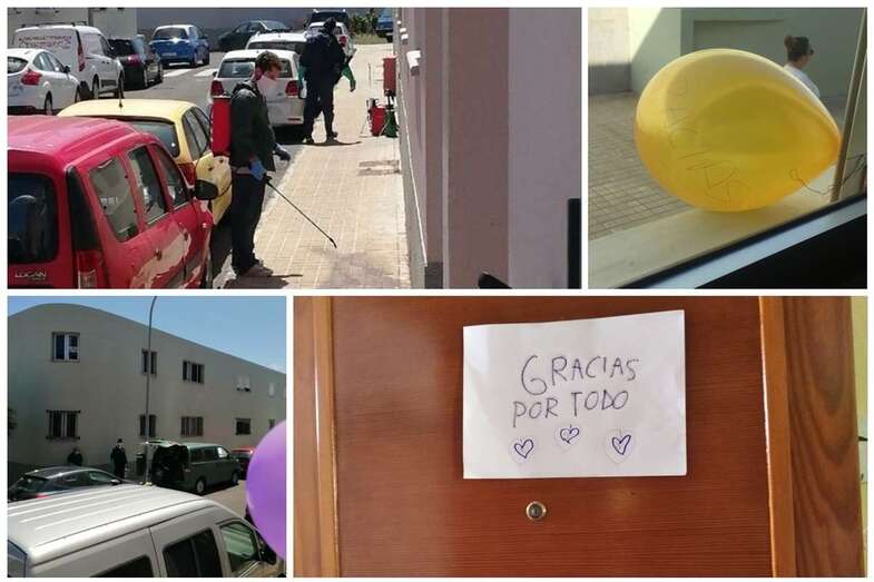 El personal de la empresa desinfectado la acera de la calle de Roque Aguayro (Foto TA)